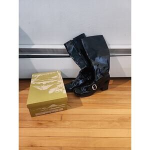 Vintage 60s 70s Black Patent Leather Knee High Go-Go Boots Side Zip MOD 8 READ